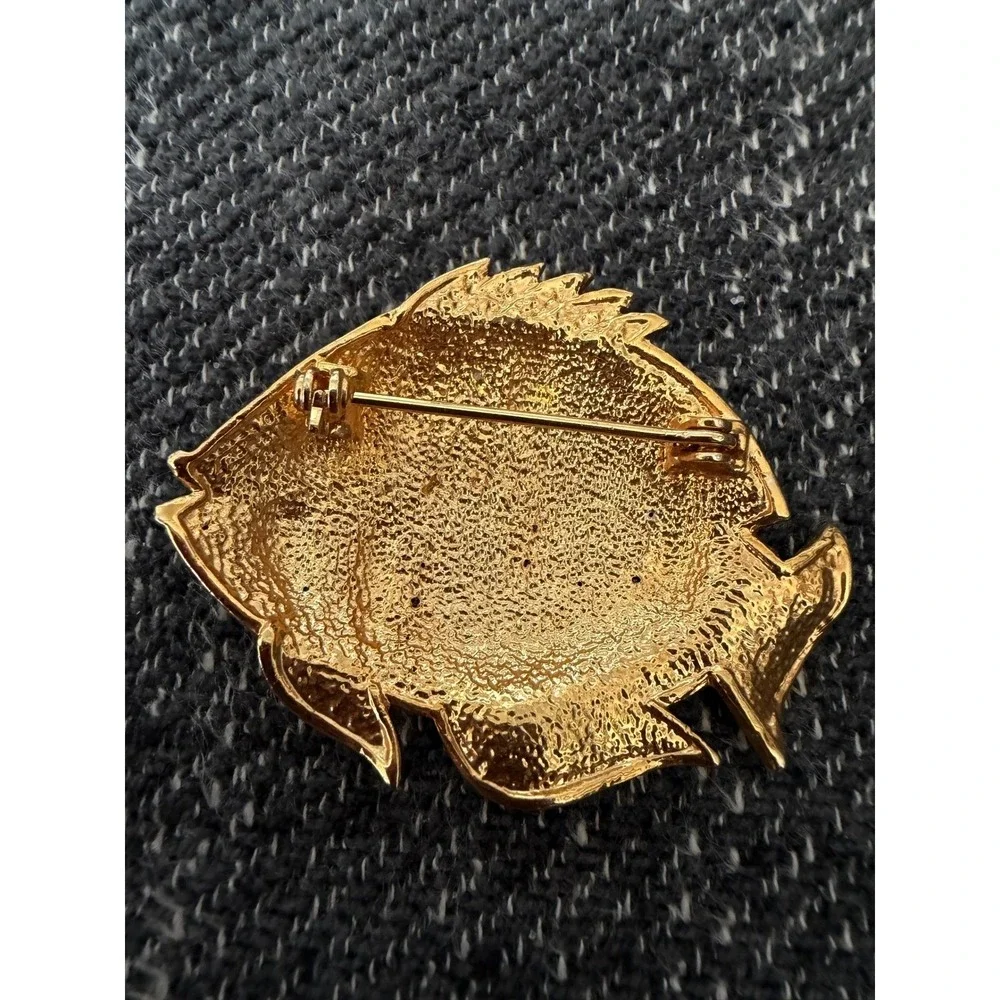 Y2K Corpcore Rhinestone Fish Brooch Gold Tone Amber Clear Tropical Angelfish Pin